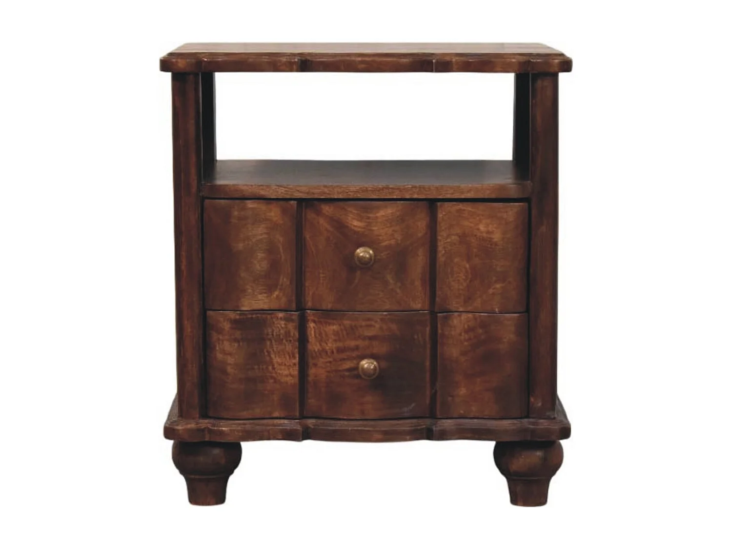 Meuble artisanal – Table de chevet Lume Roasted Shelf, 2 tiroirs, 1 étagère ouverte, marro