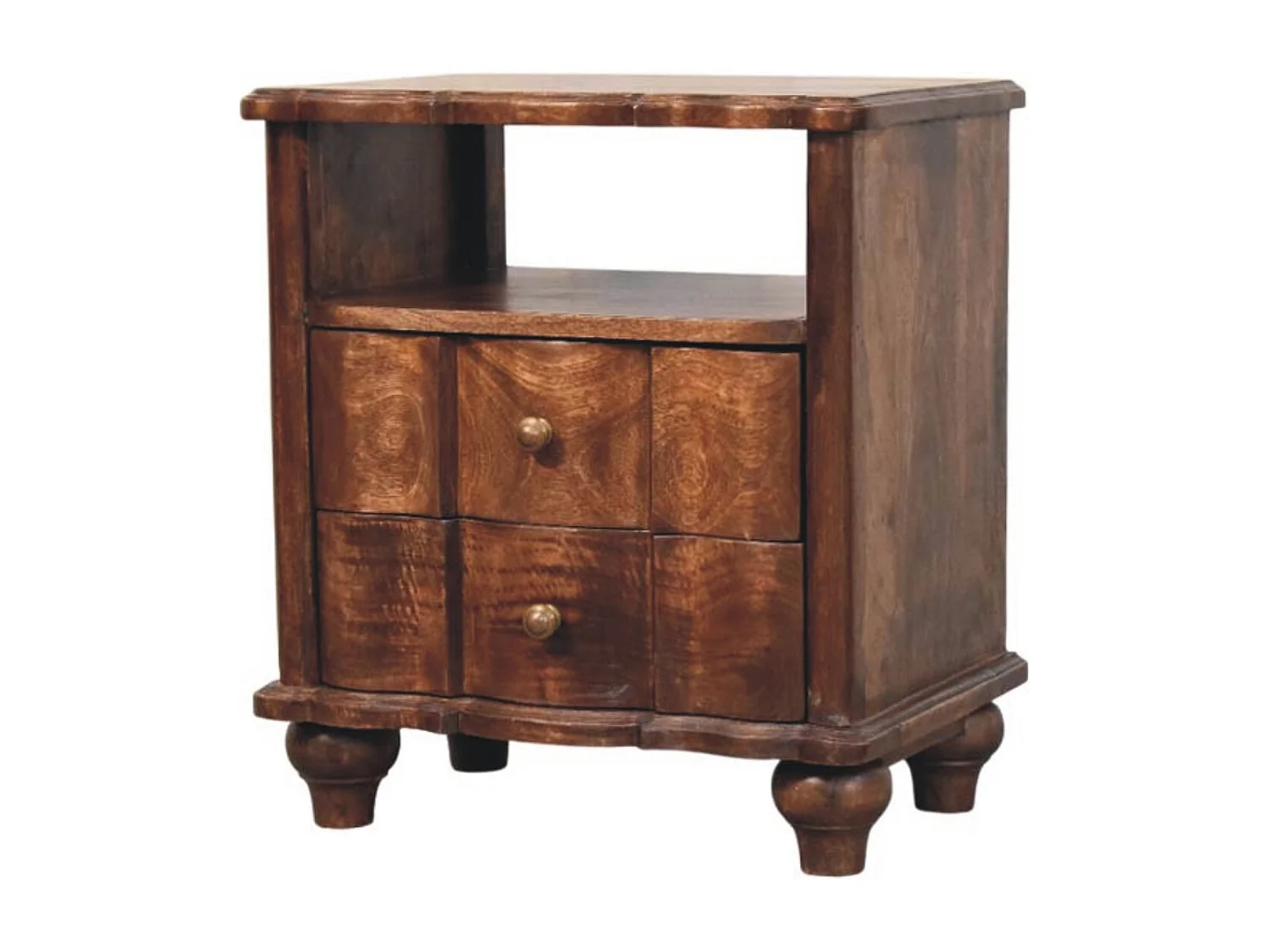 Meuble artisanal – Table de chevet Lume Roasted Shelf, 2 tiroirs, 1 étagère ouverte, marro