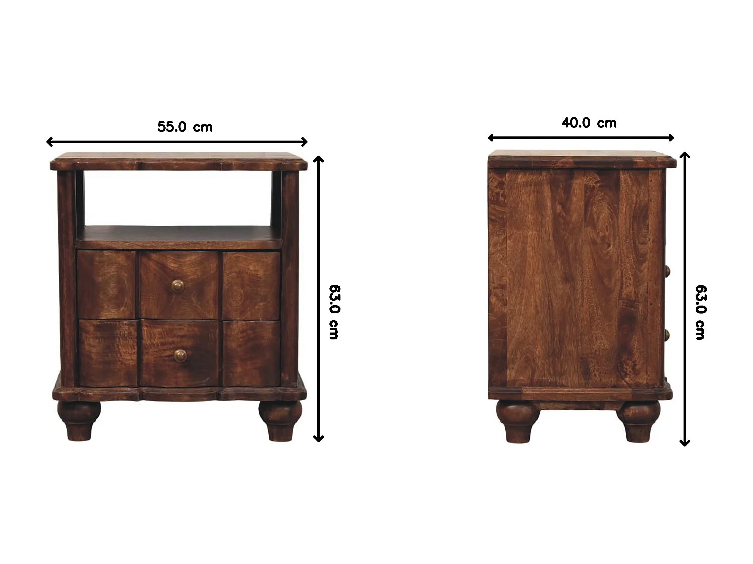 Meuble artisanal – Table de chevet Lume Roasted Shelf, 2 tiroirs, 1 étagère ouverte, marro