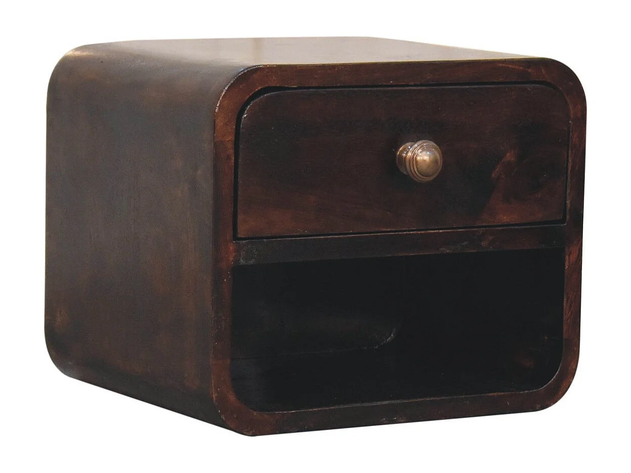 Table de chevet murale Mini courbée Artisan Furniture en noyer California, avec compartiment ouvert, 1 tiroir, brun foncé