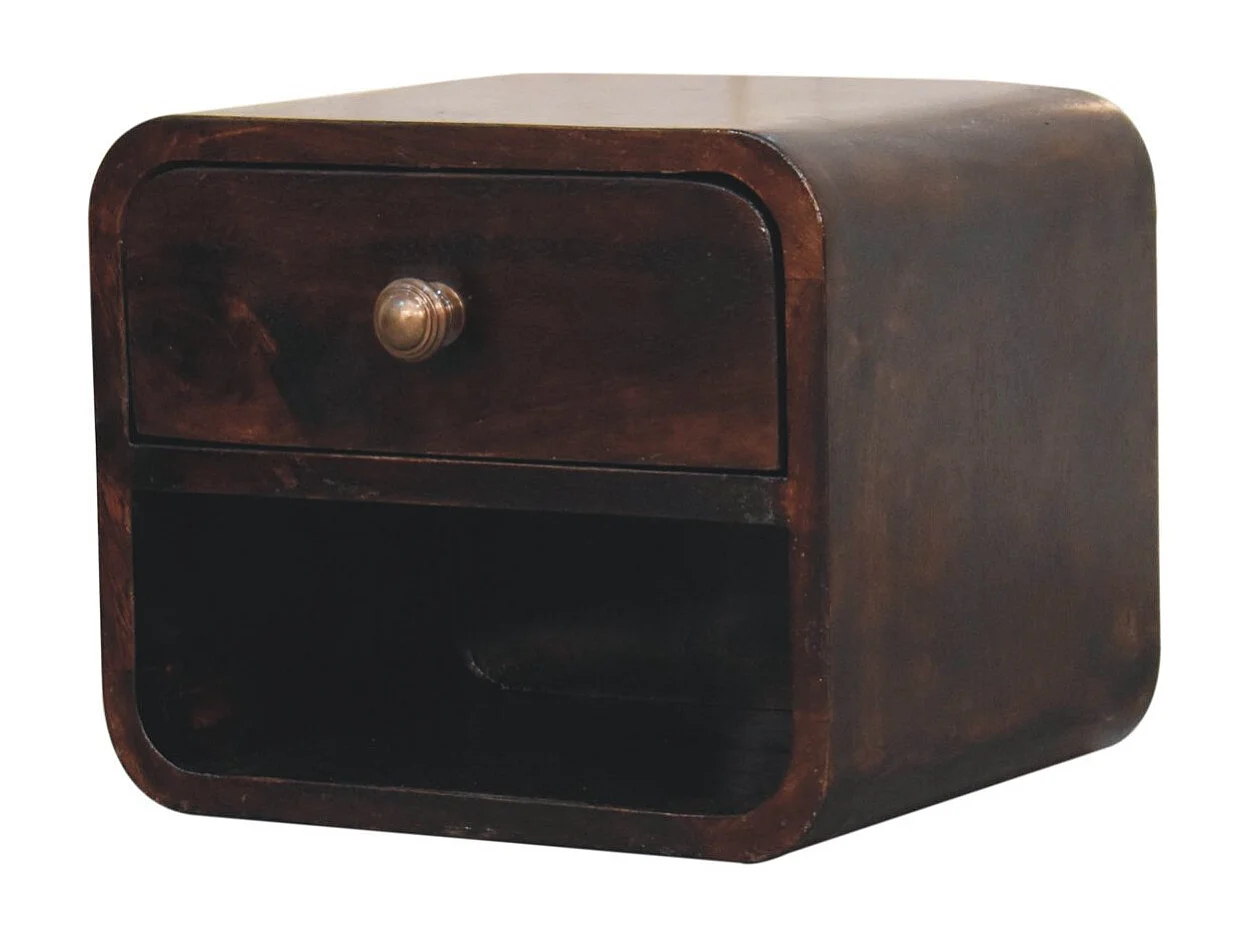 Table de chevet murale Mini courbée Artisan Furniture en noyer California, avec compartiment ouvert, 1 tiroir, brun foncé