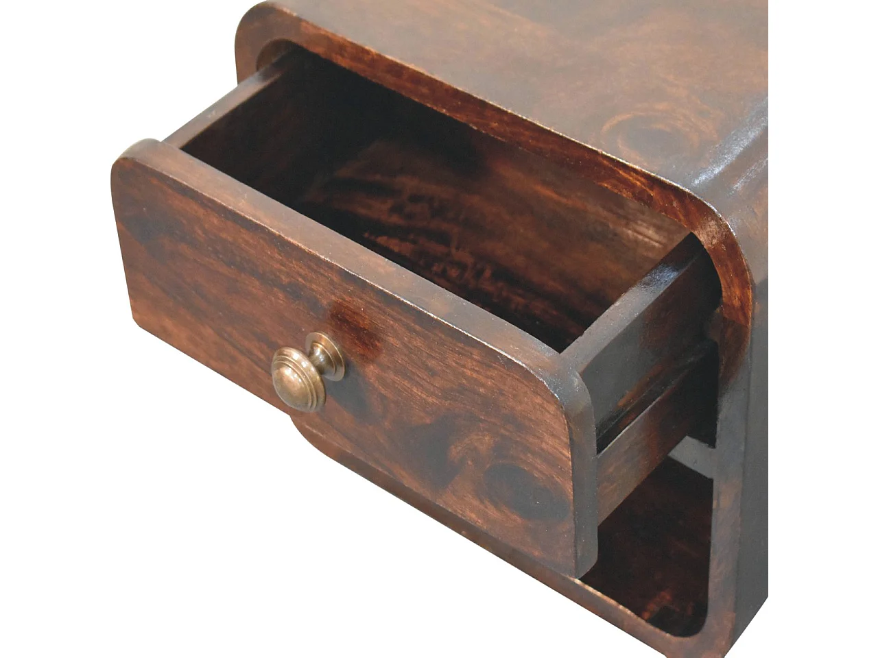 Table de chevet murale Mini courbée Artisan Furniture en noyer California, avec compartiment ouvert, 1 tiroir, brun foncé