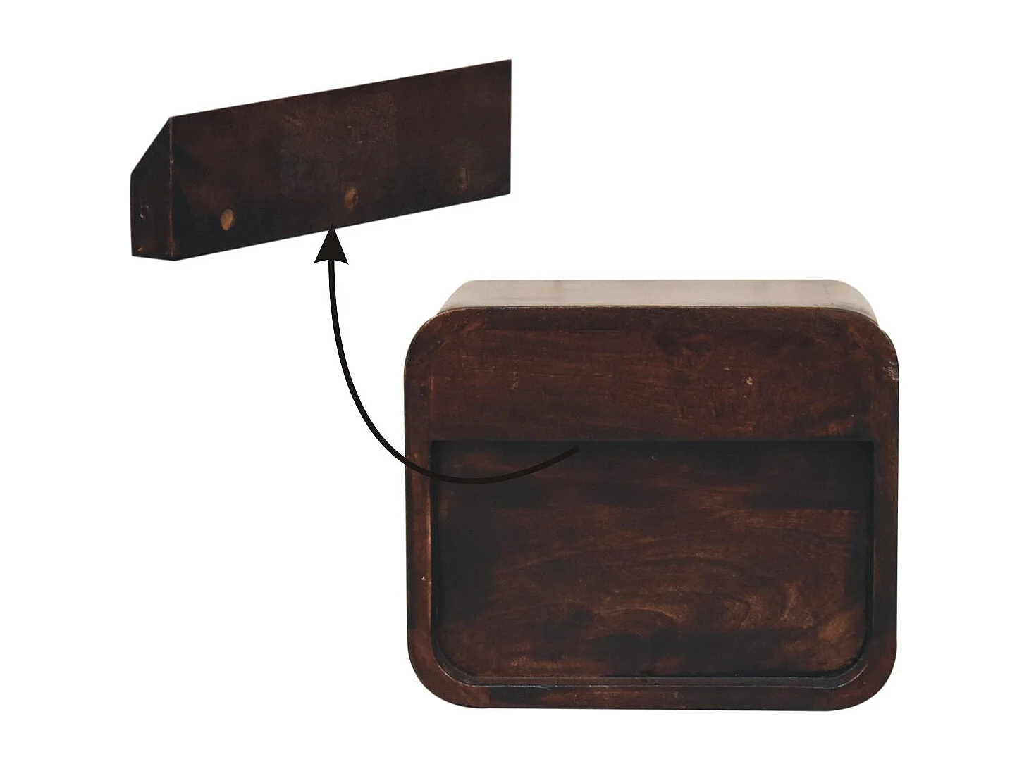 Table de chevet murale Mini courbée Artisan Furniture en noyer California, avec compartiment ouvert, 1 tiroir, brun foncé