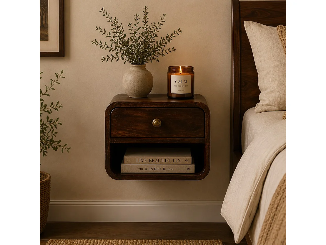 Artisan Furniture Mini Curved Wall-Mounted Bedside Table in California Walnut, with Open Compartment, 1 Drawer, Dark Brown