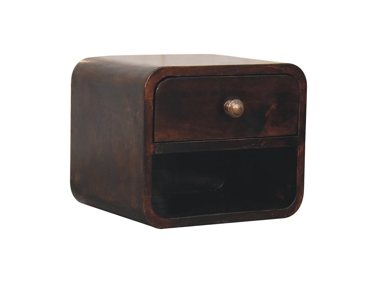 Artisan Furniture Mini Curved Wall-Mounted Bedside Table in California Walnut, with Open Compartment, 1 Drawer, Dark Brown