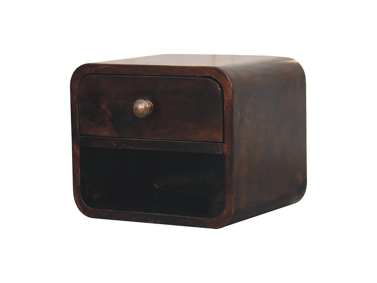 Artisan Furniture Mini Curved Wall-Mounted Bedside Table in California Walnut, with Open Compartment, 1 Drawer, Dark Brown