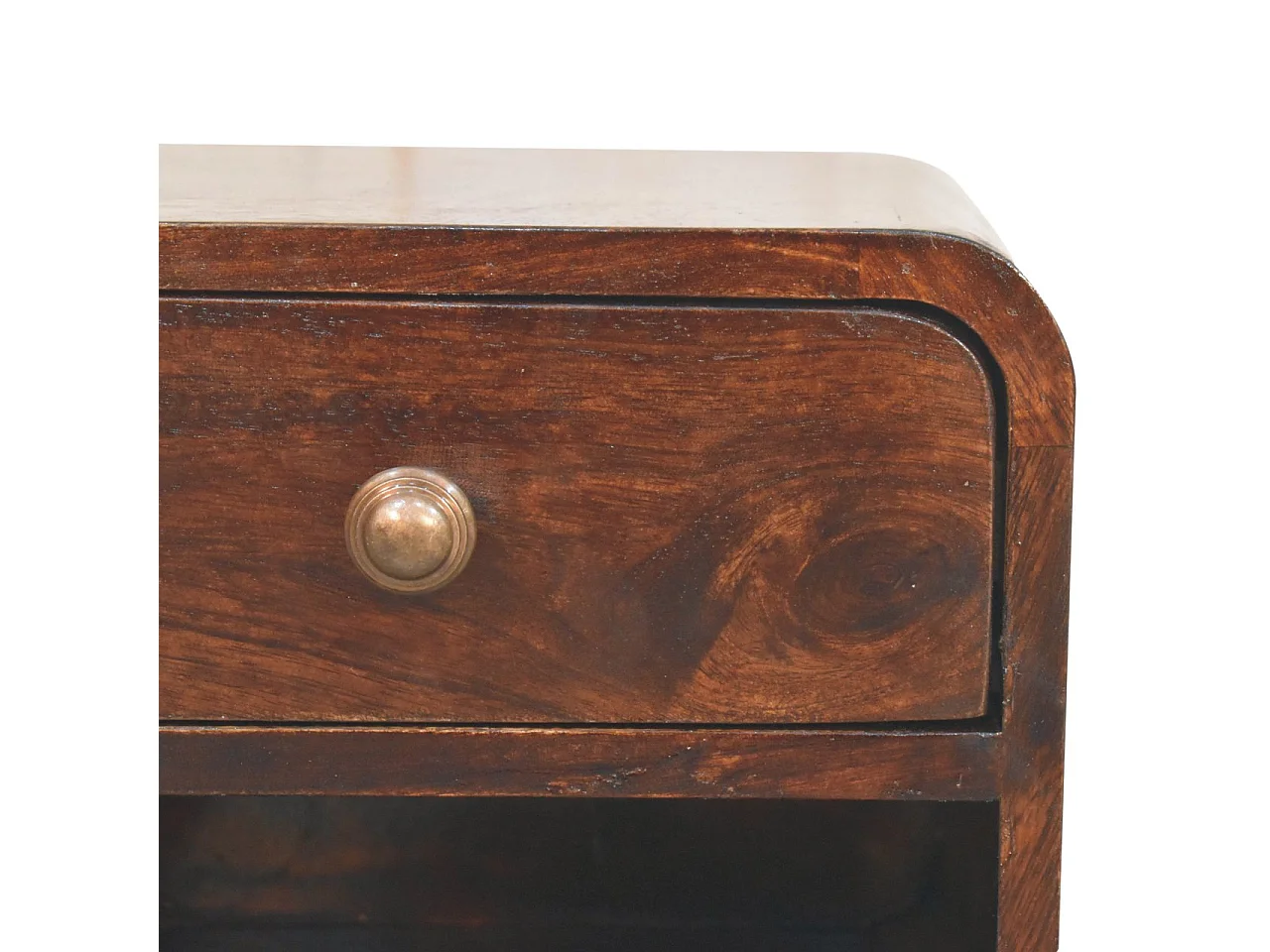 Artisan Furniture Mini Curved Wall-Mounted Bedside Table in California Walnut, with Open Compartment, 1 Drawer, Dark Brown