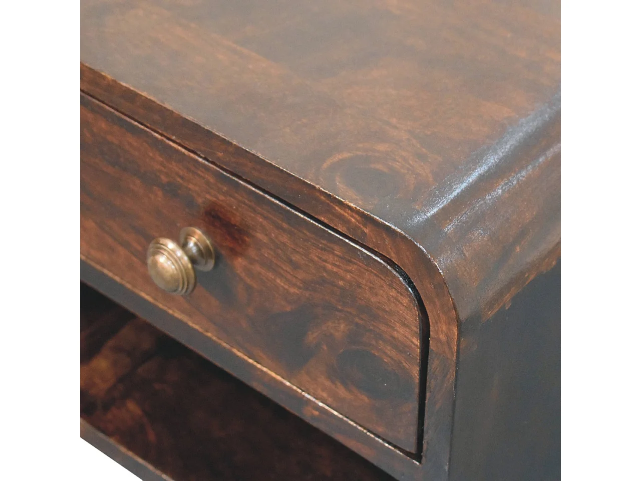Artisan Furniture Mini Curved Wall-Mounted Bedside Table in California Walnut, with Open Compartment, 1 Drawer, Dark Brown