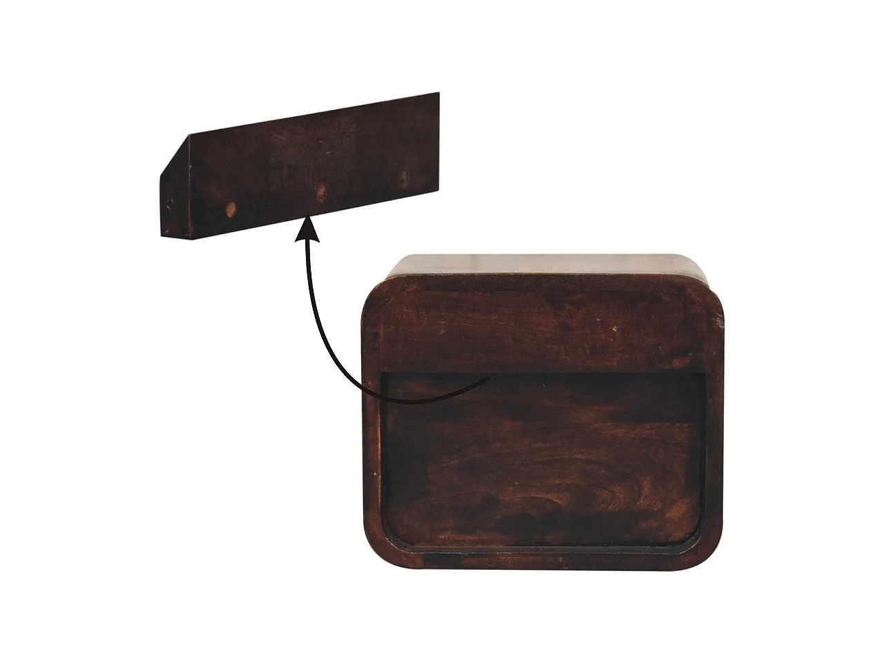 Artisan Furniture Mini Curved Wall-Mounted Bedside Table in California Walnut, with Open Compartment, 1 Drawer, Dark Brown