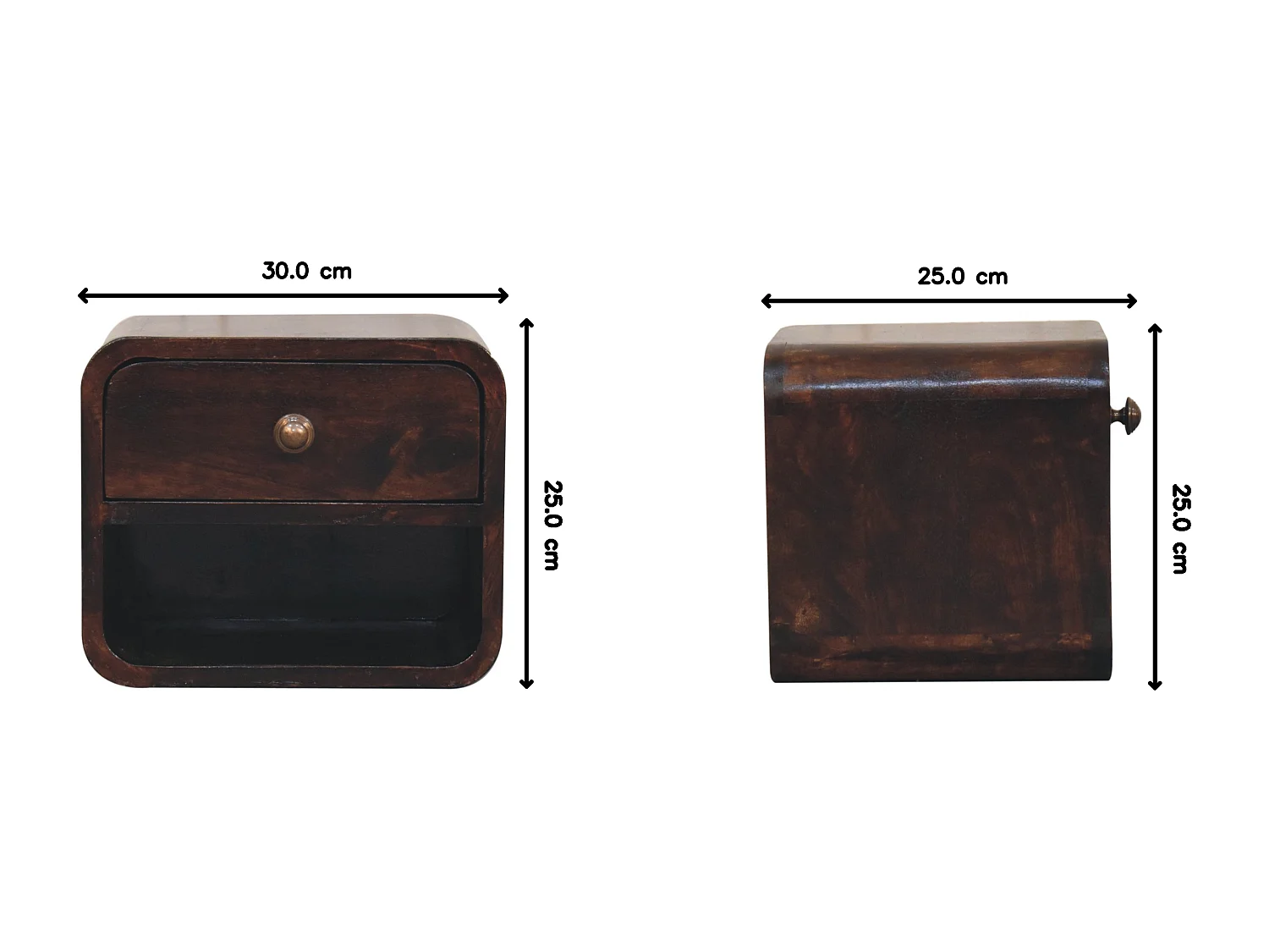 Table de chevet murale Mini courbée Artisan Furniture en noyer California, avec compartiment ouvert, 1 tiroir, brun foncé