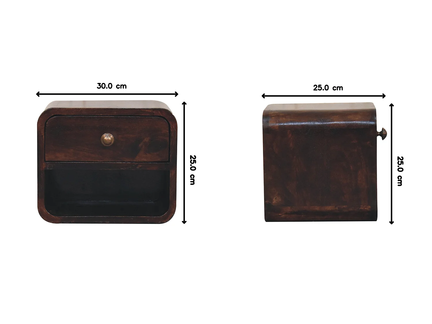 Artisan Furniture Mini Curved Wall-Mounted Bedside Table in California Walnut, with Open Compartment, 1 Drawer, Dark Brown