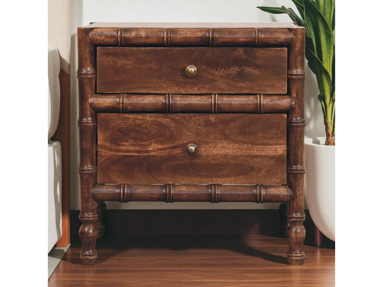 Table de chevet avec cadre en bambou Artisan Furniture, finition Amande Rôtie, 2 tiroirs, marron