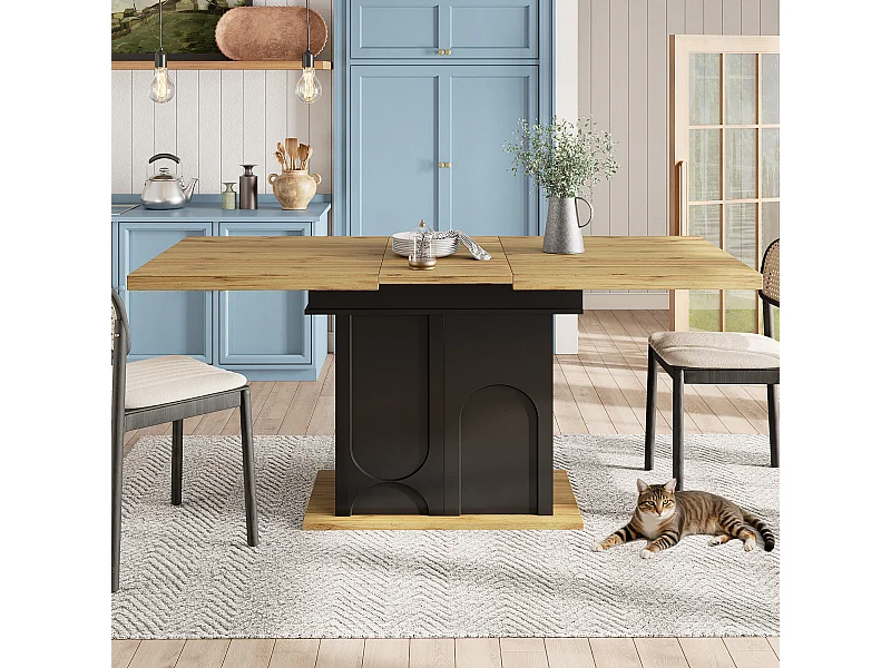 Table de salle à manger extensible - 110-140 x 80 x 76 cm - pour 4 à 6 personnes - avec rangement - MDF - noir + naturel