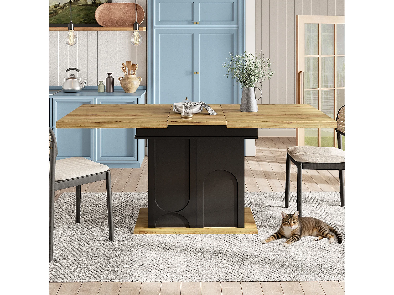 Table de salle à manger extensible - 110-140 x 80 x 76 cm - pour 4 à 6 personnes - avec rangement - MDF - noir + naturel