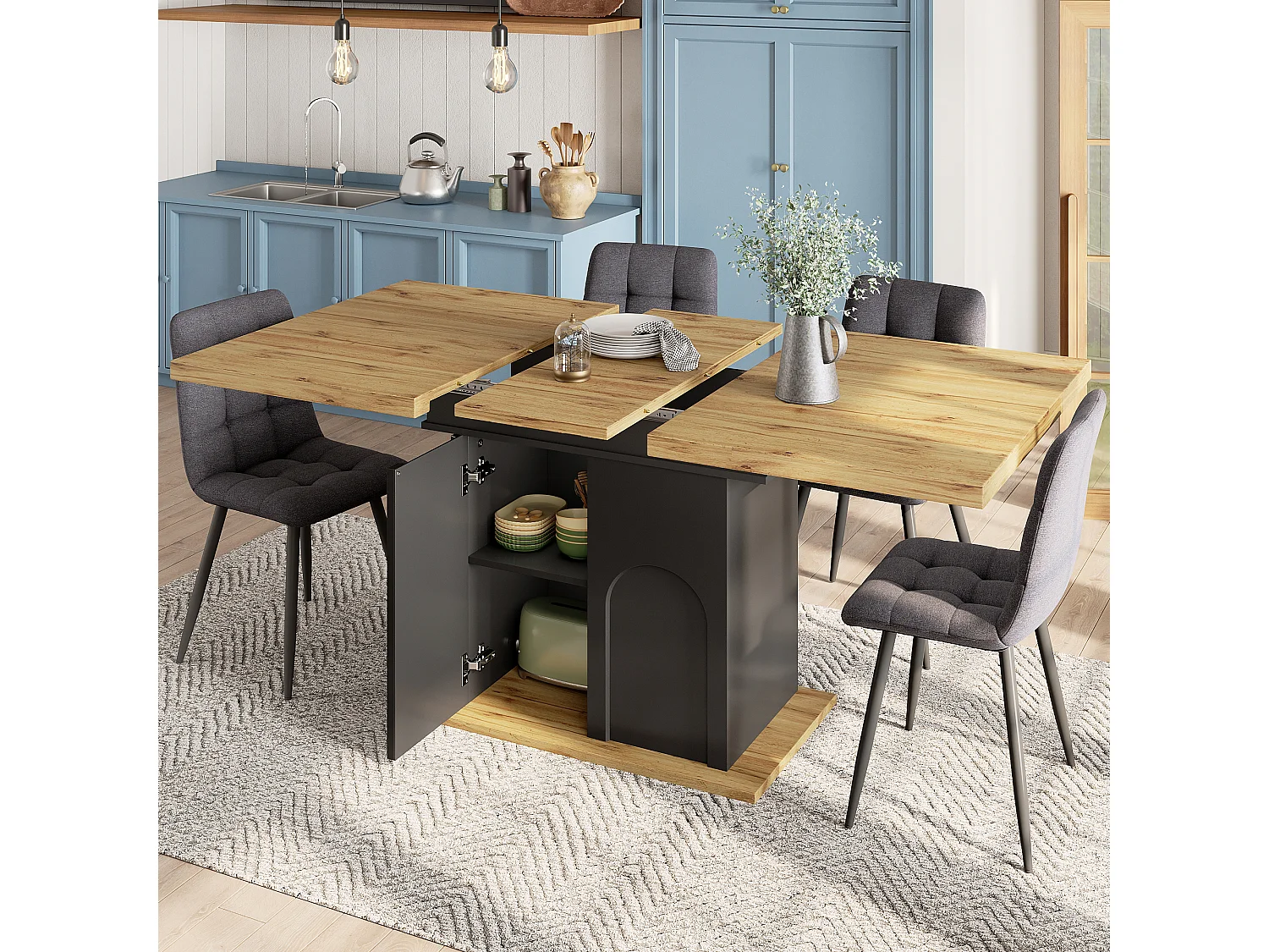 Table de salle à manger extensible - 110-140 x 80 x 76 cm - pour 4 à 6 personnes - avec rangement - MDF - noir + naturel