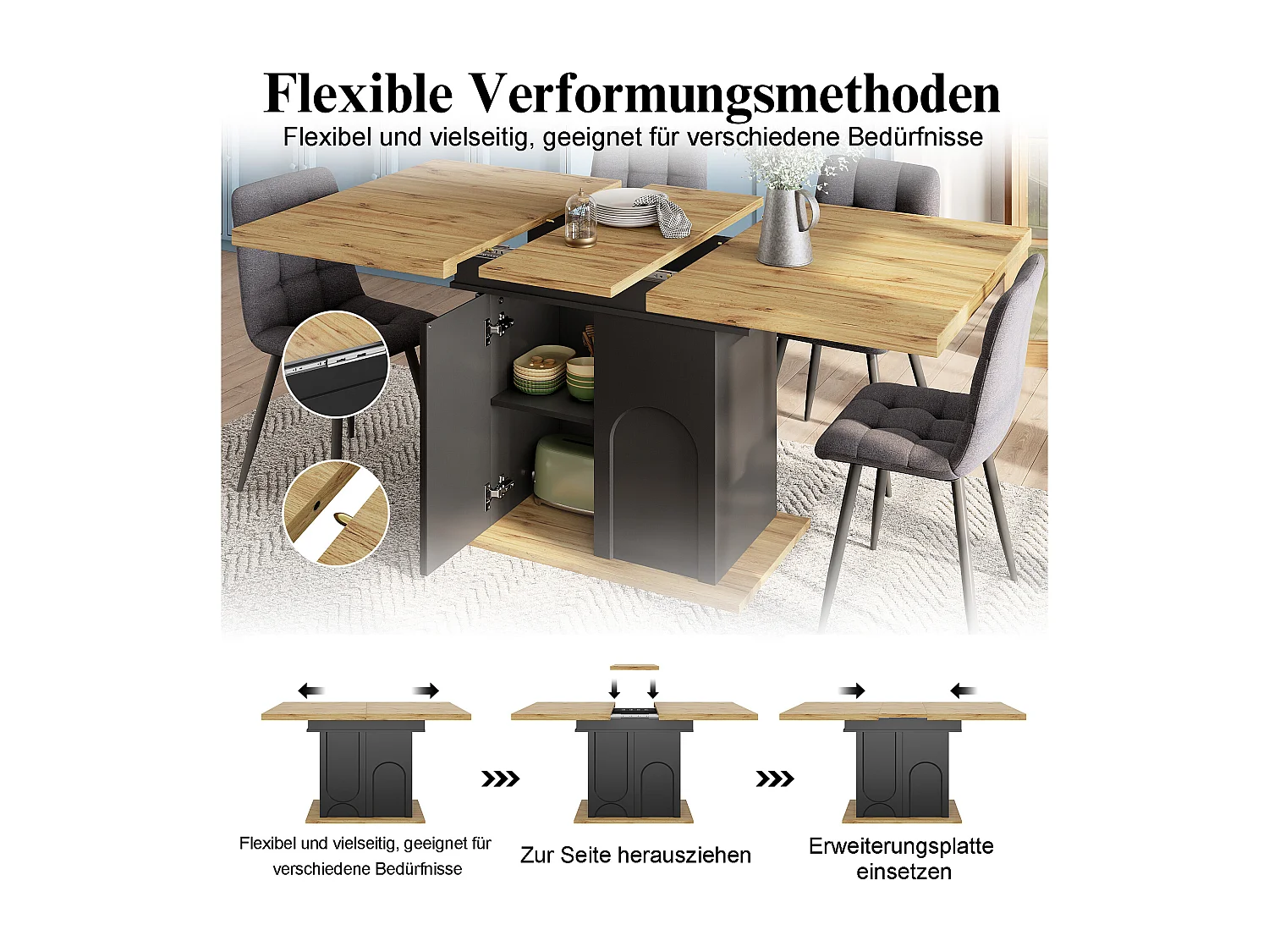 Table de salle à manger extensible - 110-140 x 80 x 76 cm - pour 4 à 6 personnes - avec rangement - MDF - noir + naturel