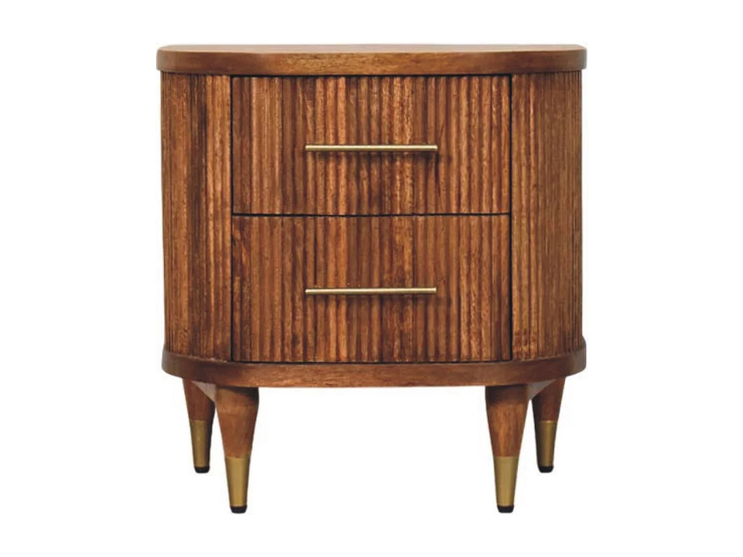 Table de chevet nervurée Artisan Furniture avec accents en laiton, 2 tiroirs, marron clair et marron torréfié