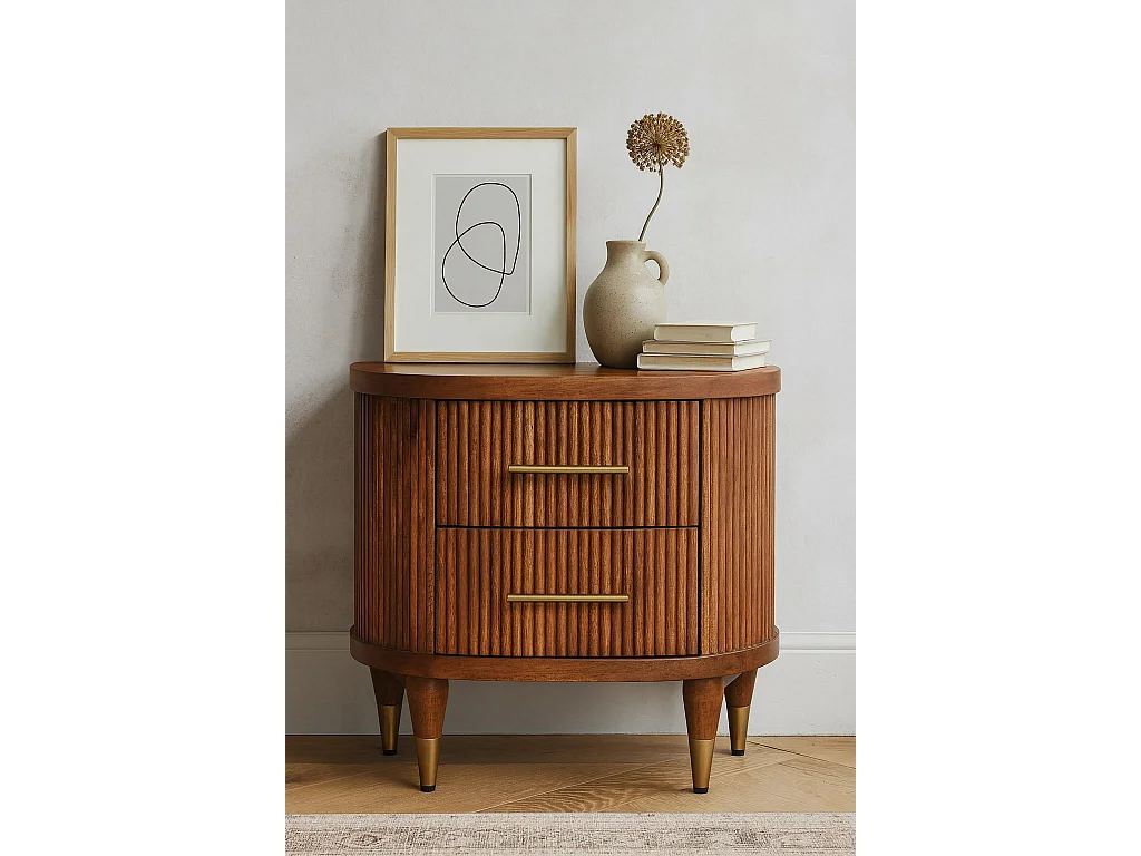 Table de chevet nervurée Artisan Furniture avec accents en laiton, 2 tiroirs, marron clair et marron torréfié