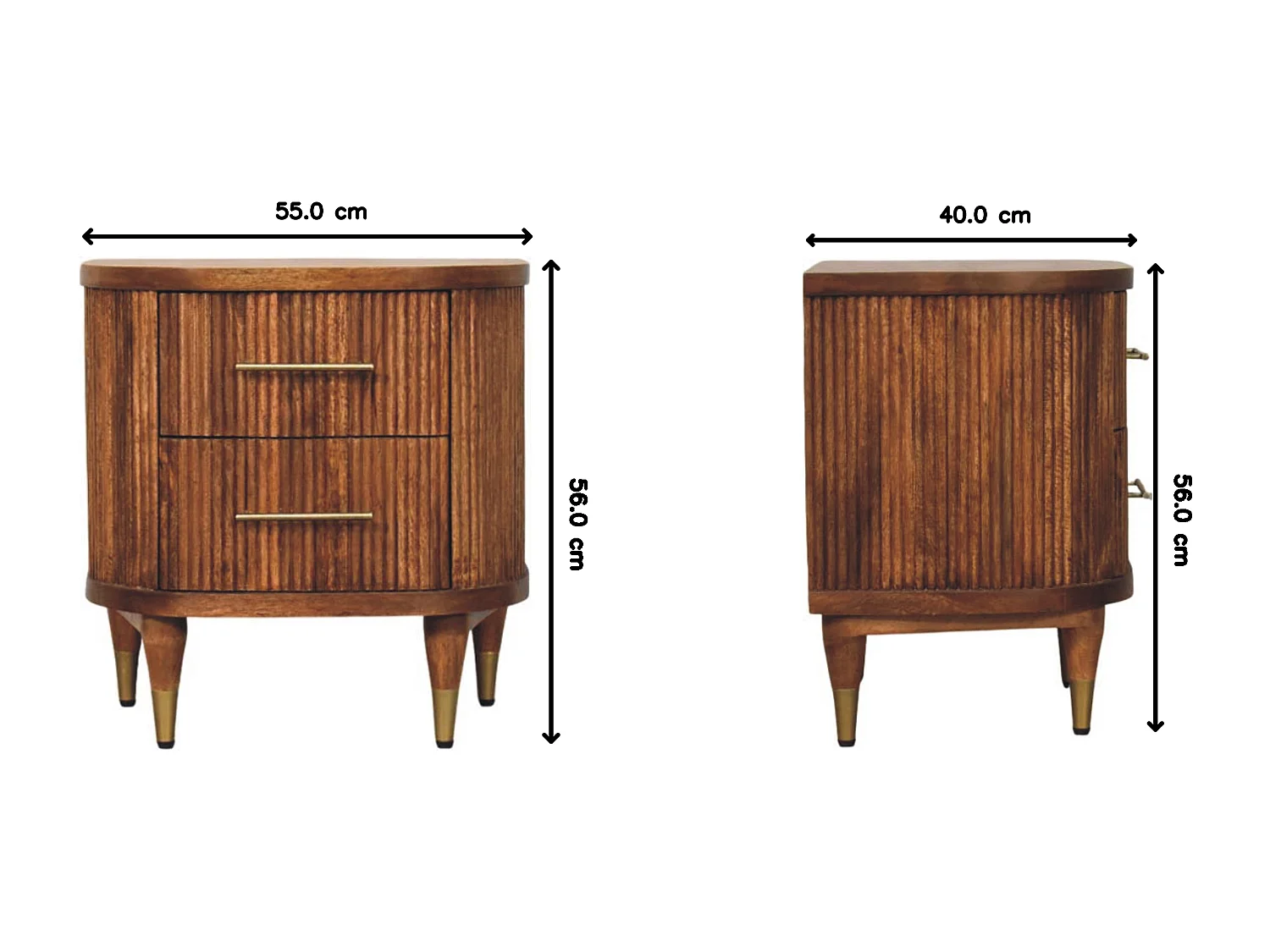 Table de chevet nervurée Artisan Furniture avec accents en laiton, 2 tiroirs, marron clair et marron torréfié