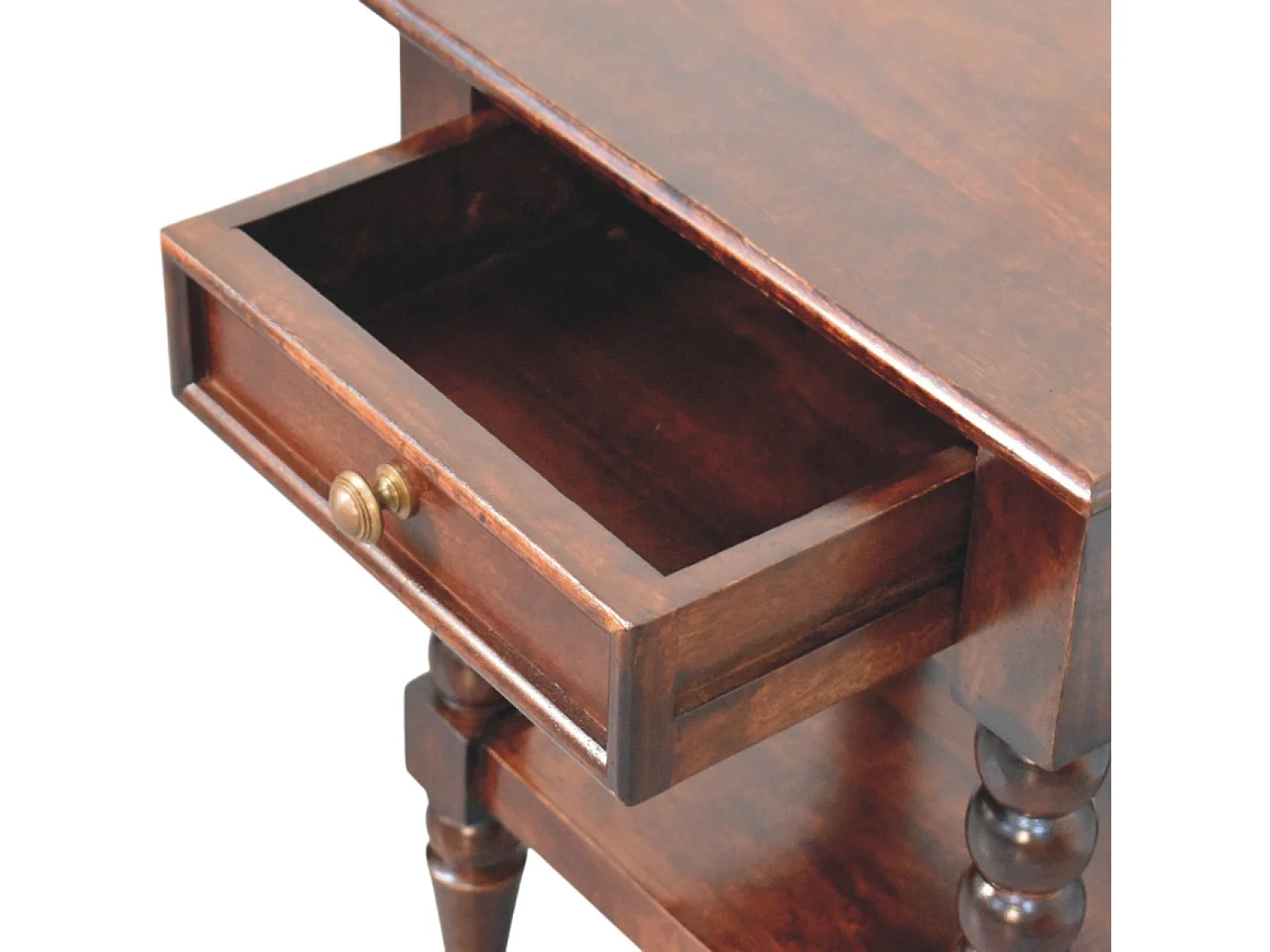 Table de chevet Spindle en bois Winewood Artisan Furniture, 1 tiroir, 1 compartiment ouvert, brun foncé