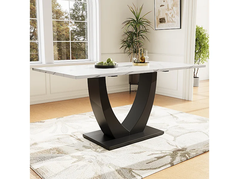 Stół jadalny dla 4-6 osób - 140 x 75 x 75,5 cm - Płyta MDF + Nogi metalowe - Efekt marmuru - Biały + czarny