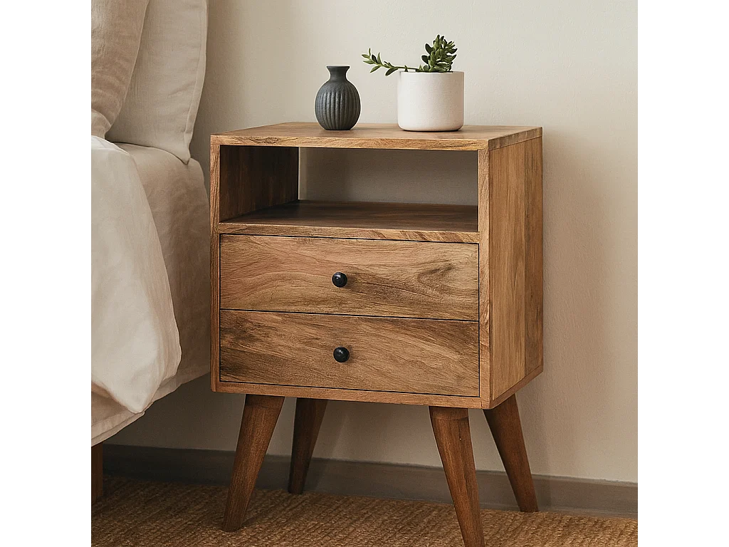 Table de chevet classique Artisan Furniture finition chêne, 2 tiroirs, 1 étagère ouverte, marron clair