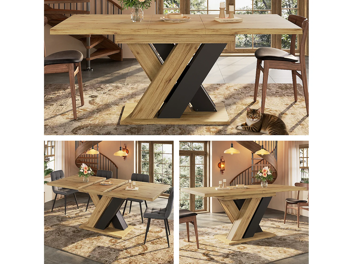 Mesa de comedor extensible - 119-158,5 x 80 x 75 cm - con patas en forma de X - MDF - natural