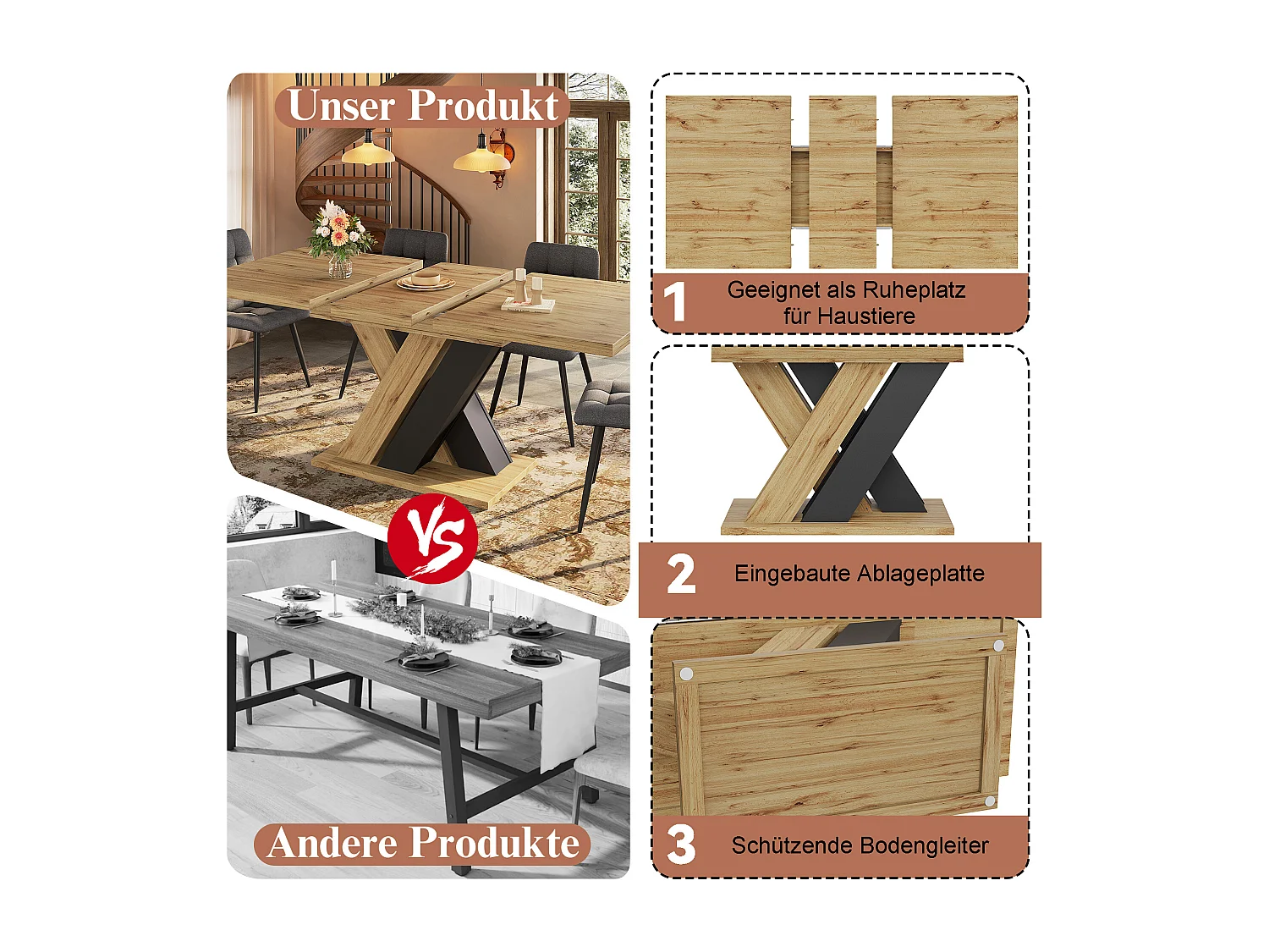 Mesa de comedor extensible - 119-158,5 x 80 x 75 cm - con patas en forma de X - MDF - natural