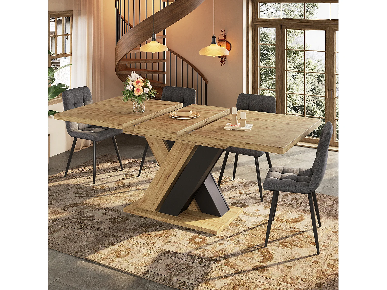 Ausziehbarer Esstisch – 119–158,5 x 80 x 75 cm – mit X-förmigen Beinen – MDF – natur