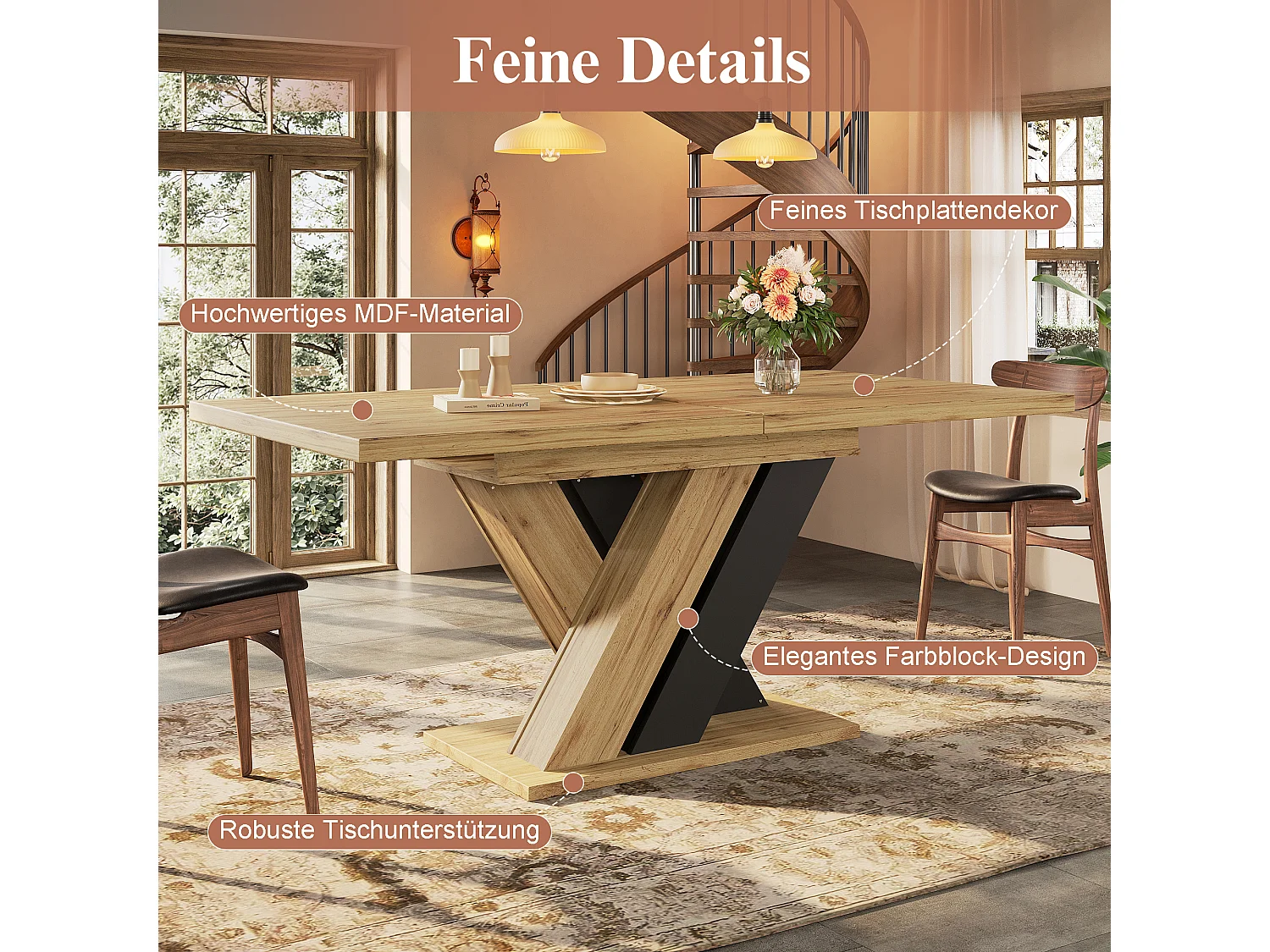 Ausziehbarer Esstisch – 119–158,5 x 80 x 75 cm – mit X-förmigen Beinen – MDF – natur