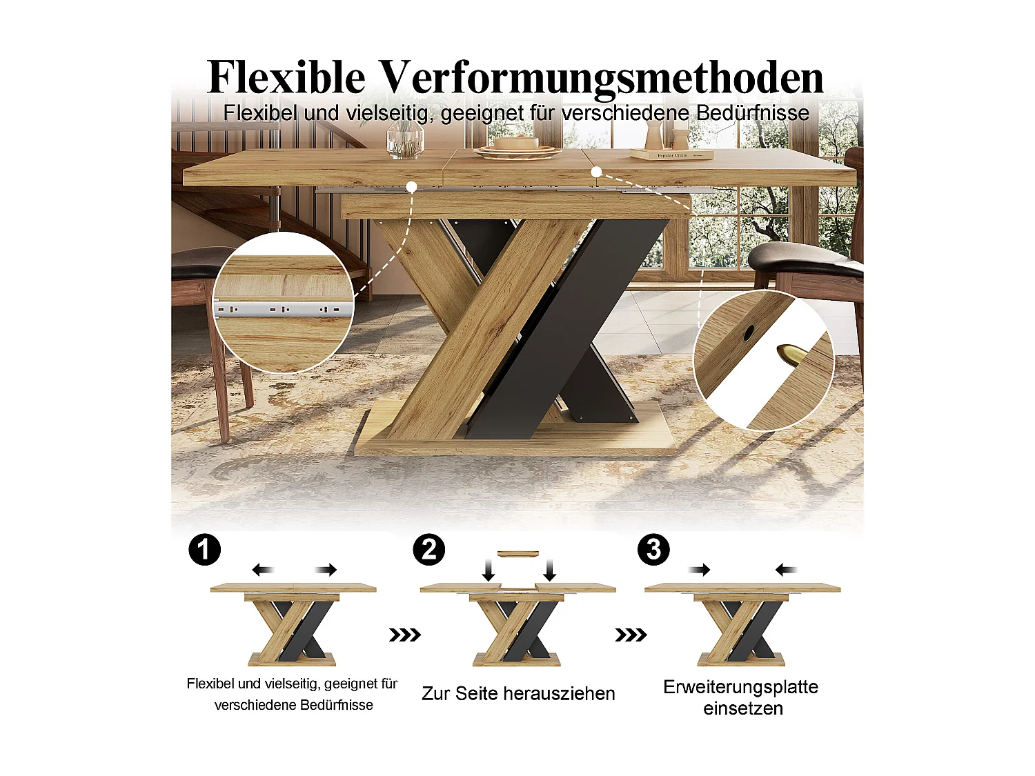 Ausziehbarer Esstisch – 119–158,5 x 80 x 75 cm – mit X-förmigen Beinen – MDF – natur