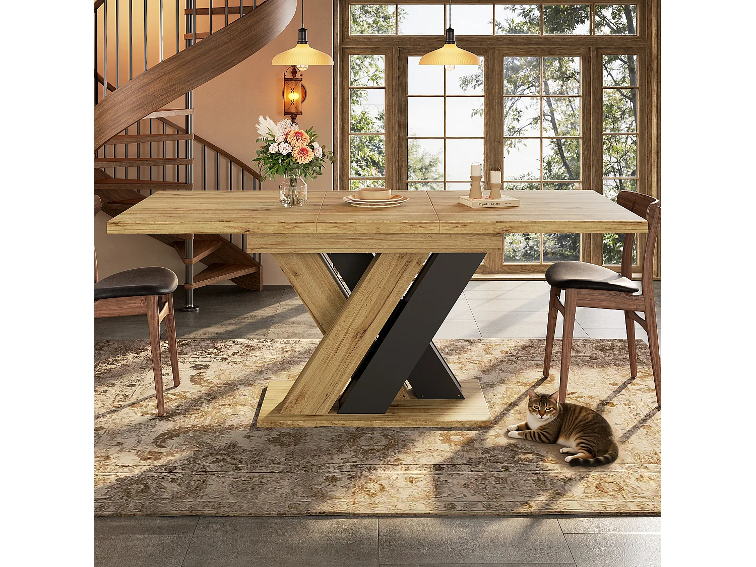 Ausziehbarer Esstisch – 119–158,5 x 80 x 75 cm – mit X-förmigen Beinen – MDF – natur