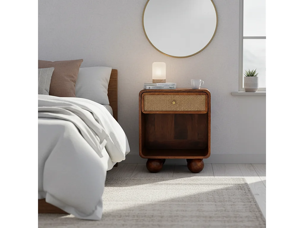 Table de chevet tressée ouverte en châtaignier Artisan Furniture, 1 tiroir, 1 compartiment ouvert, marron