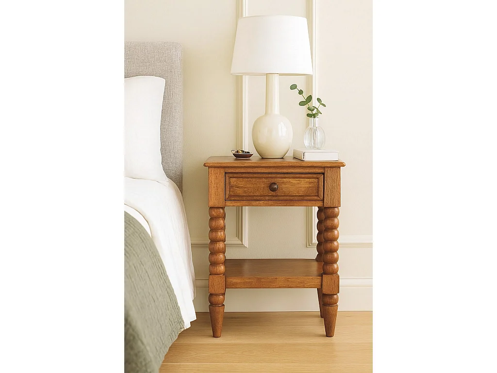 Artisan Furniture spindle bedside table, 1 drawer, 1 open shelf, brown