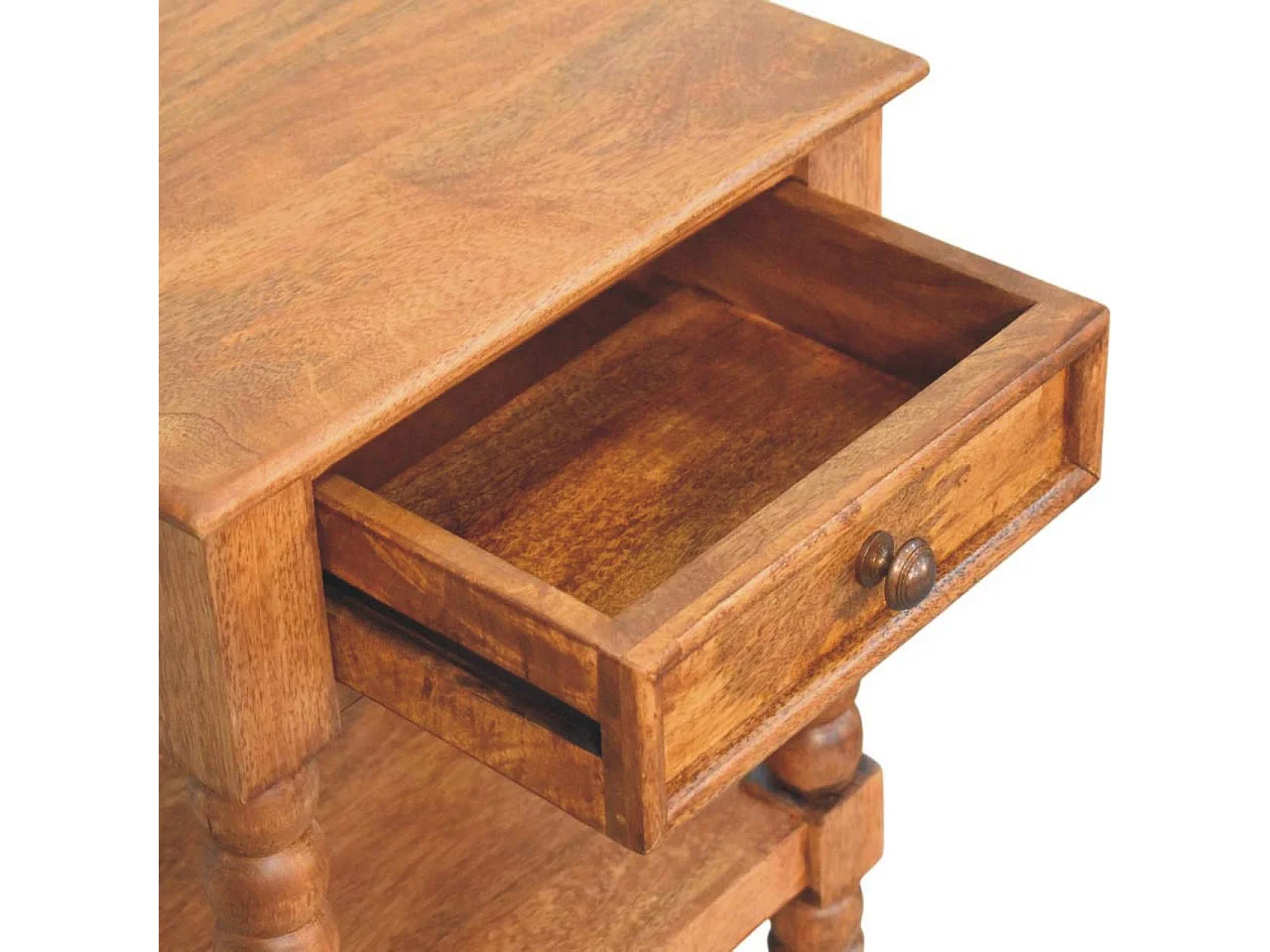 Artisan Furniture spindle bedside table, 1 drawer, 1 open shelf, brown