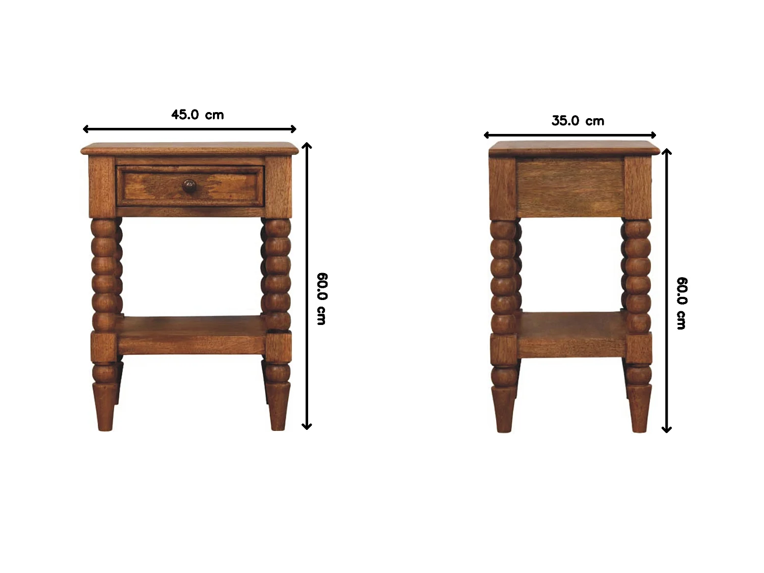 Artisan Furniture spindle bedside table, 1 drawer, 1 open shelf, brown