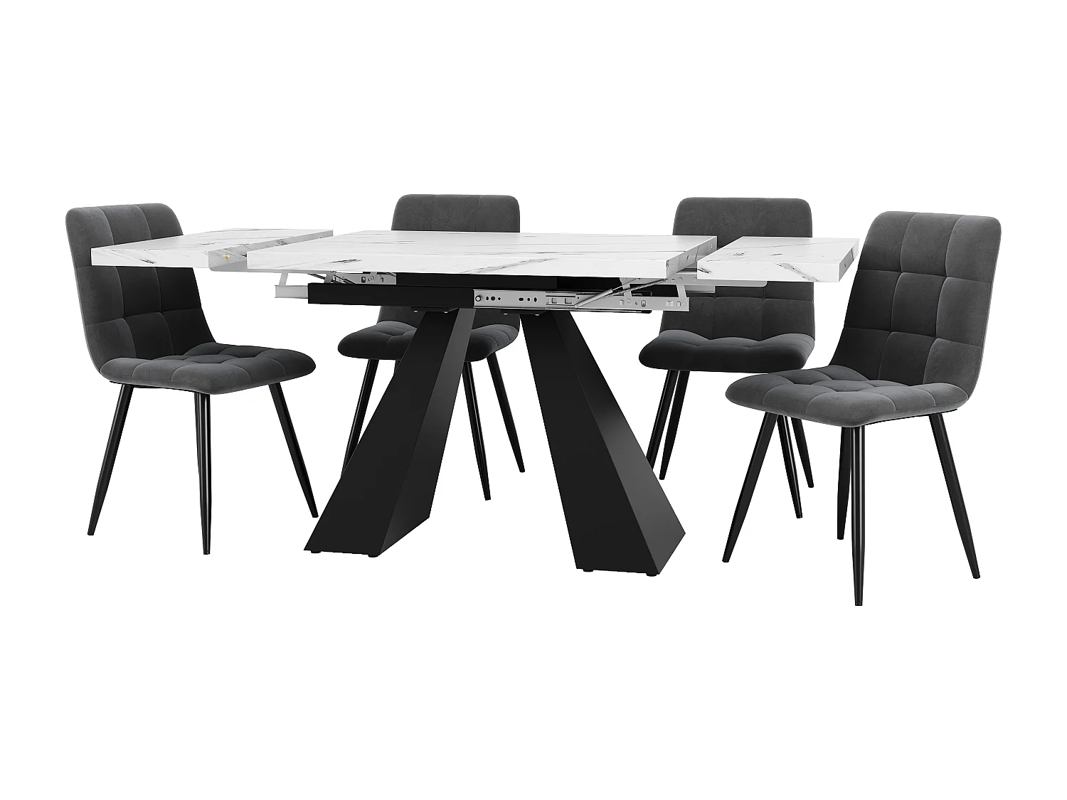 Ensemble salle à manger cinq pièces - 1 table extensible + 4 chaises en velours - 159 x 80 x 75 cm - MDF + métal - blanc + gris