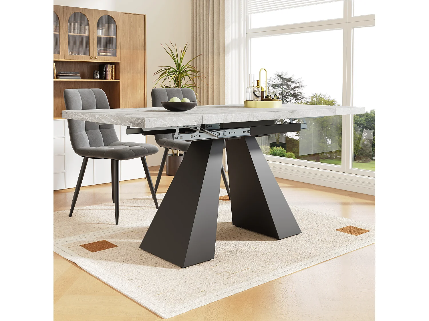 Ensemble salle à manger cinq pièces - 1 table extensible + 4 chaises en velours - 159 x 74 x 77 cm - MDF + métal - Gris