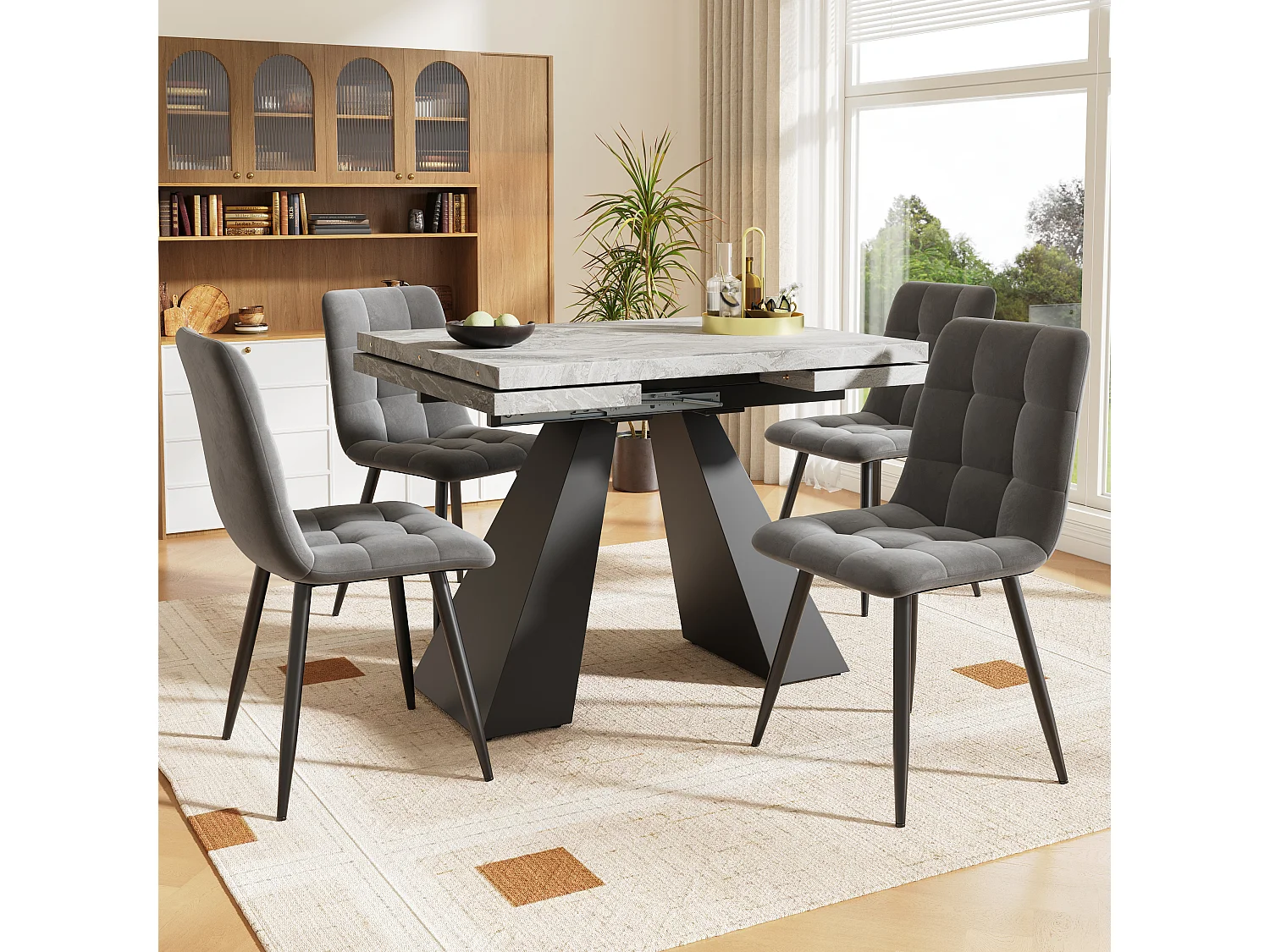 Ensemble salle à manger cinq pièces - 1 table extensible + 4 chaises en velours - 159 x 74 x 77 cm - MDF + métal - Gris