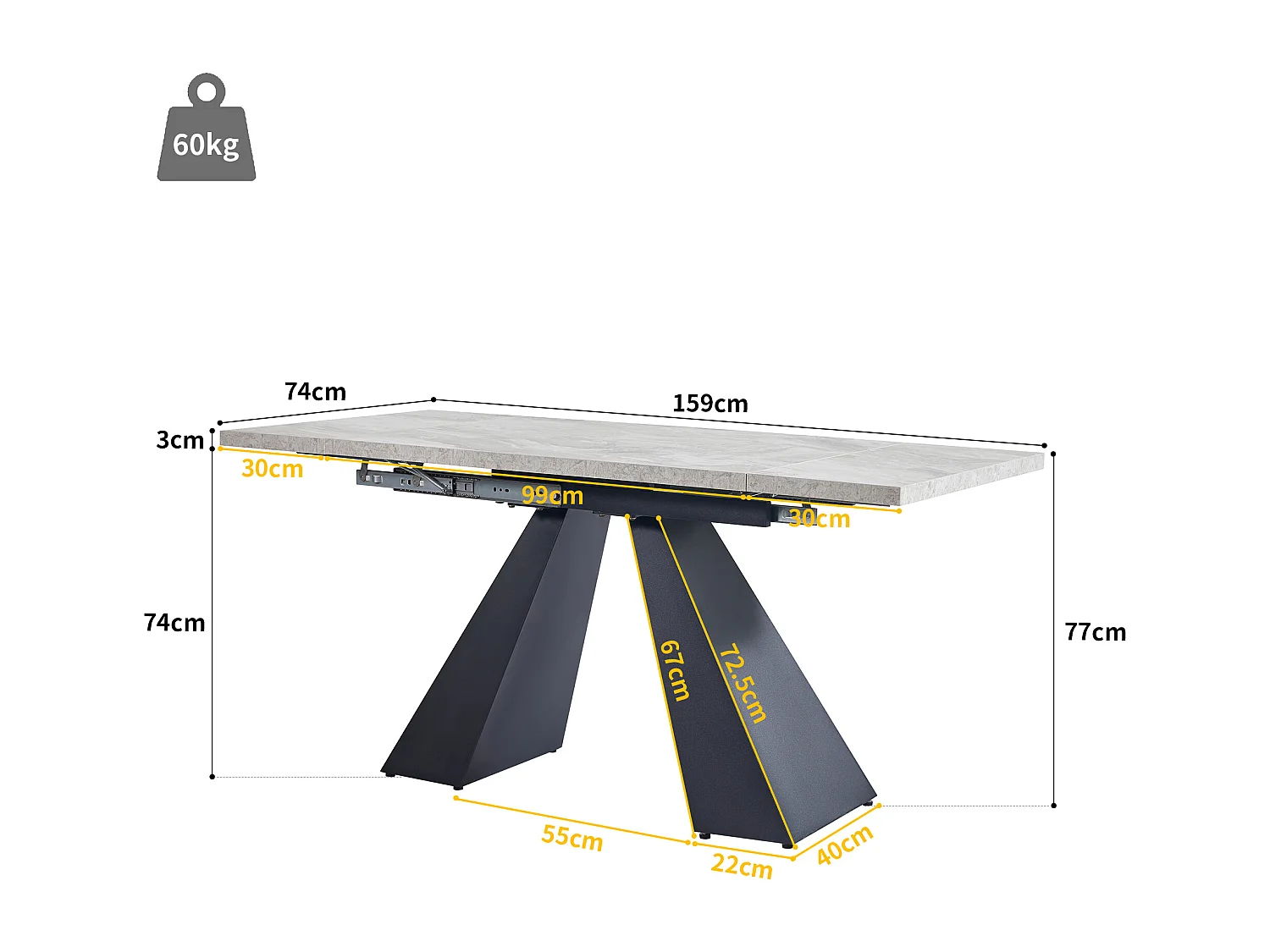 Ensemble salle à manger cinq pièces - 1 table extensible + 4 chaises en velours - 159 x 74 x 77 cm - MDF + métal - Gris