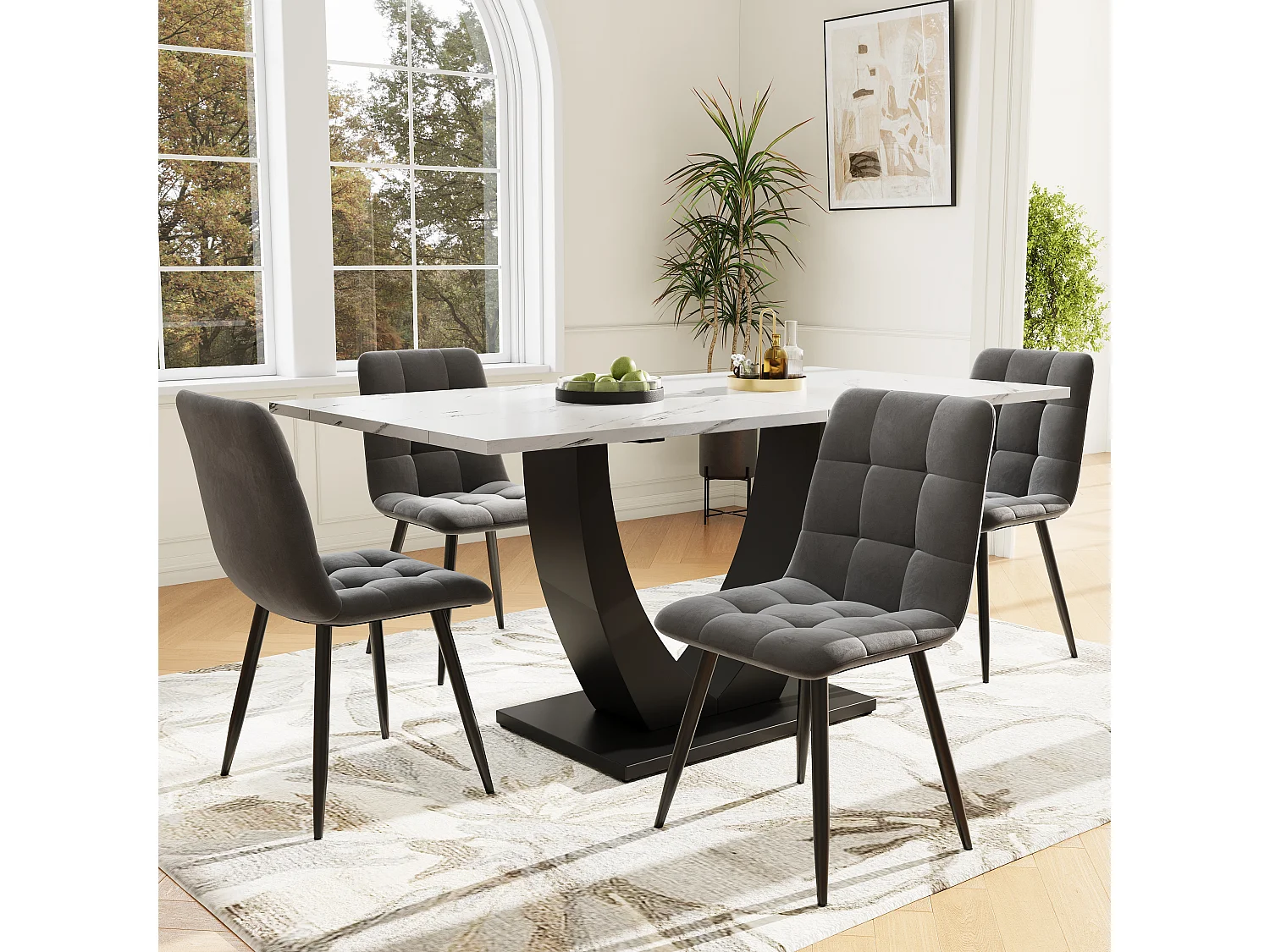 Zestaw obiadowy składający się z pięciu elementów - 1 stół + 4 krzesła welurowe - 140 x 75 x 75,5 cm - płyta MDF + metal - biały + szary