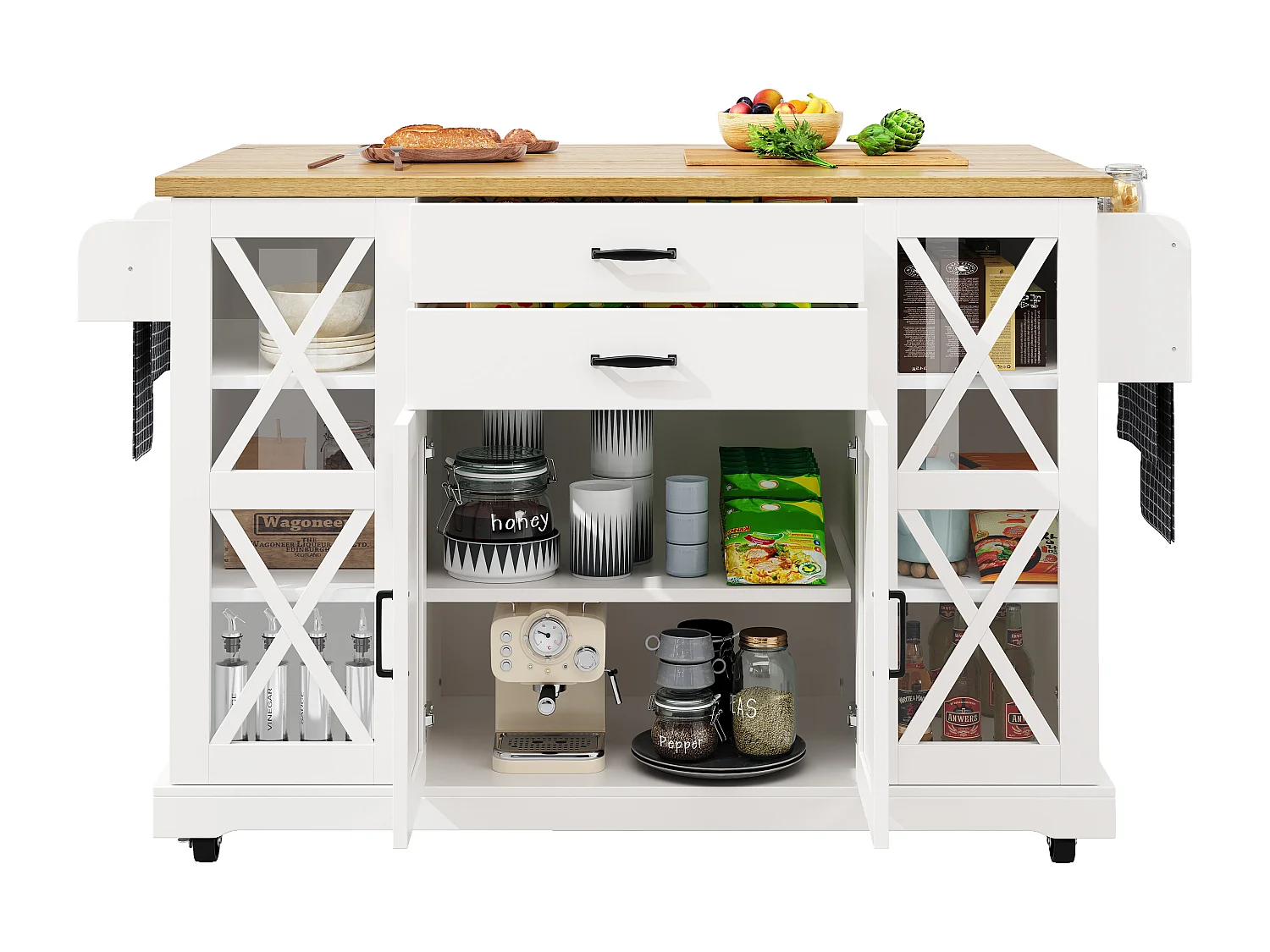 Isla de cocina móvil - 148 x 40 (63,5) x 94,5 cm - con estantes ajustables + 4 puertas + 2 cajones - MDF + metal - blanca