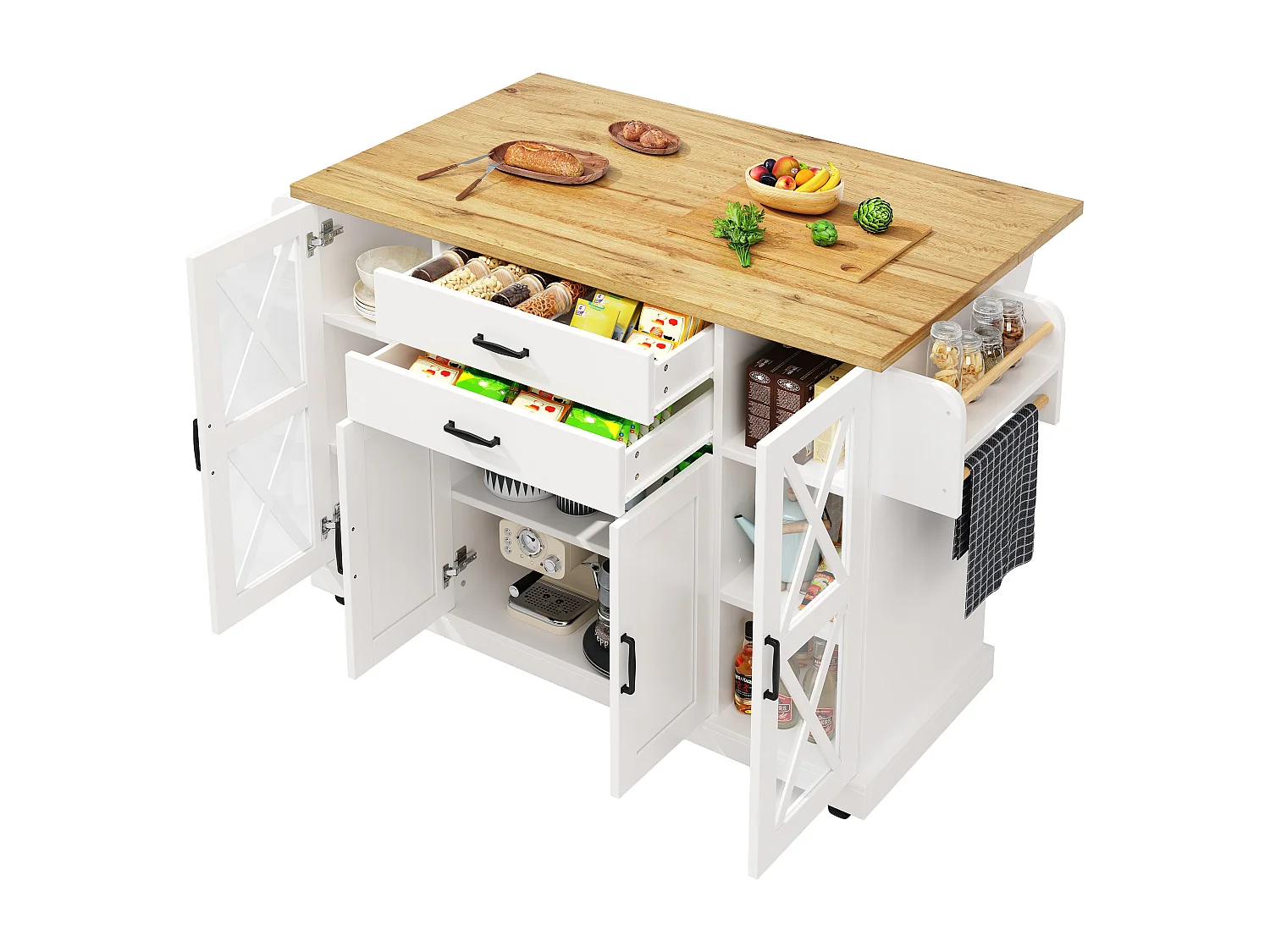 Isla de cocina móvil - 148 x 40 (63,5) x 94,5 cm - con estantes ajustables + 4 puertas + 2 cajones - MDF + metal - blanca