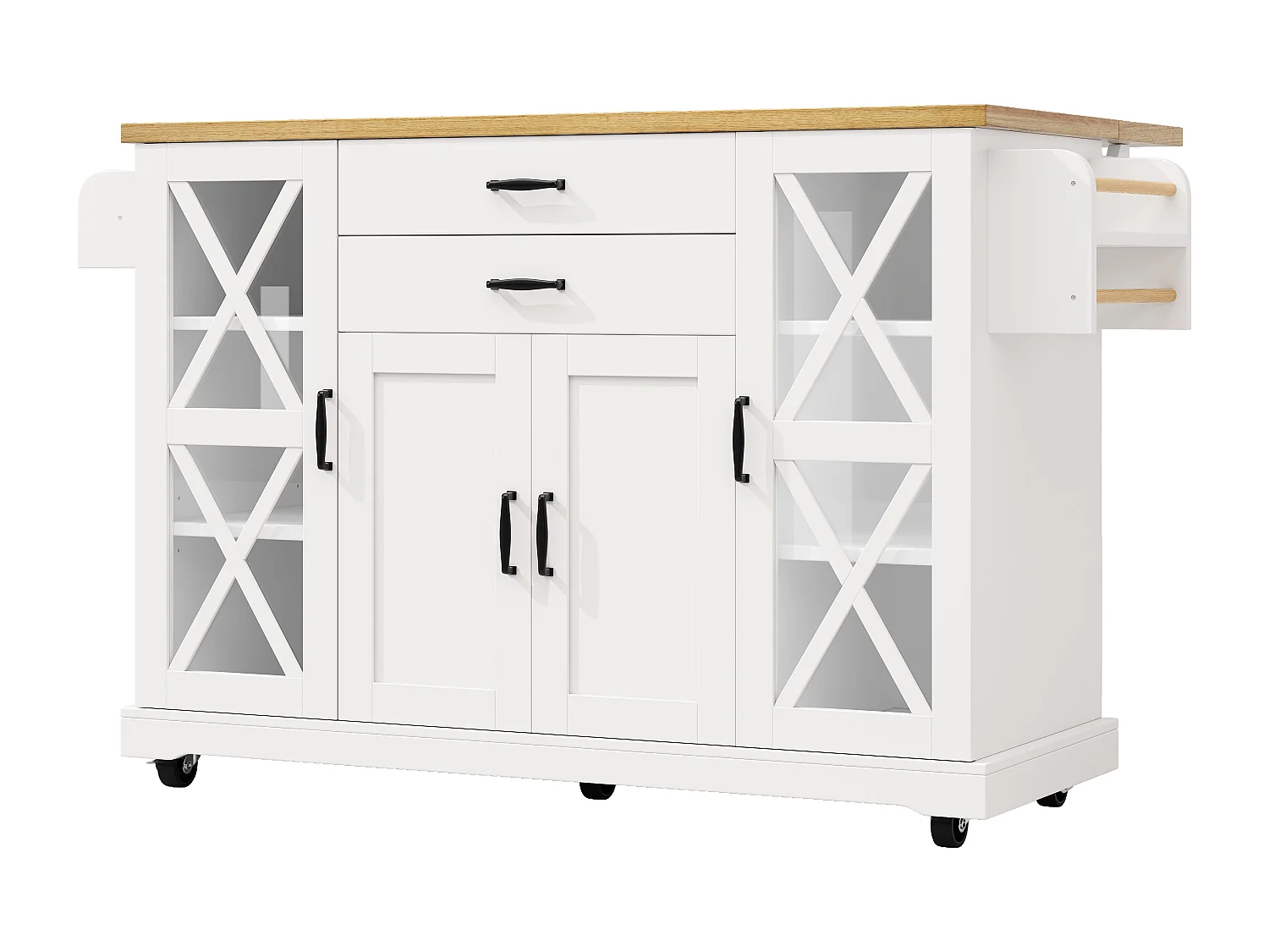 Isla de cocina móvil - 148 x 40 (63,5) x 94,5 cm - con estantes ajustables + 4 puertas + 2 cajones - MDF + metal - blanca