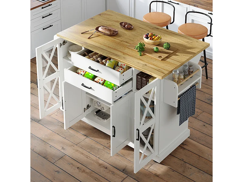 Îlot central mobile de cuisine - 148 x 40 (63.5) x 94.5 cm - avec étagères réglables + 4 portes + 2 tiroirs - MDF + métal - blanc