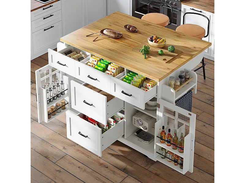 Îlot central mobile de cuisine - 140 x 40 (63.5) x 95 cm - avec étagères réglables + 2 portes + 5 tiroirs - MDF + métal - blanc