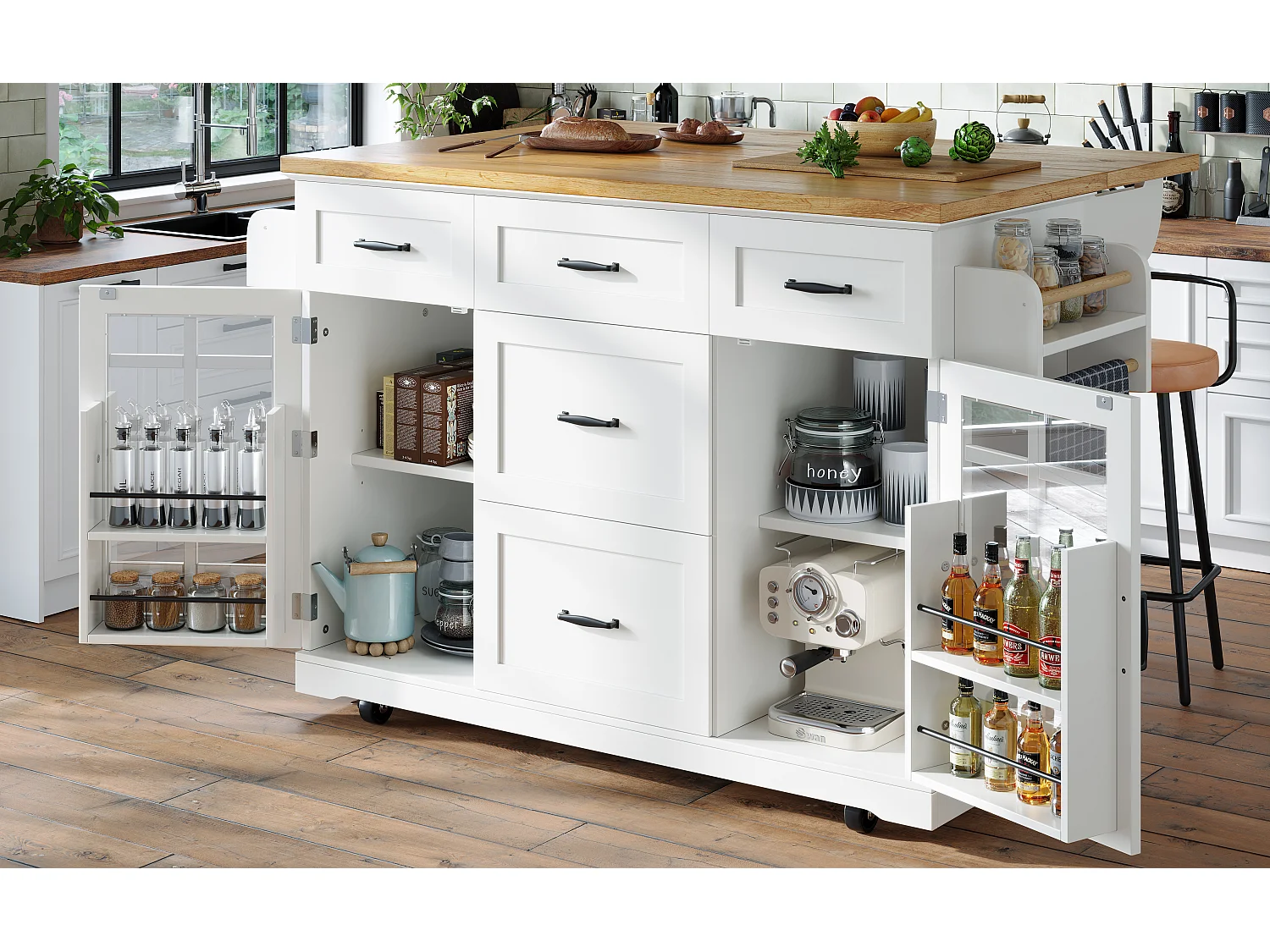 Îlot central mobile de cuisine - 140 x 40 (63.5) x 95 cm - avec étagères réglables + 2 portes + 5 tiroirs - MDF + métal - blanc
