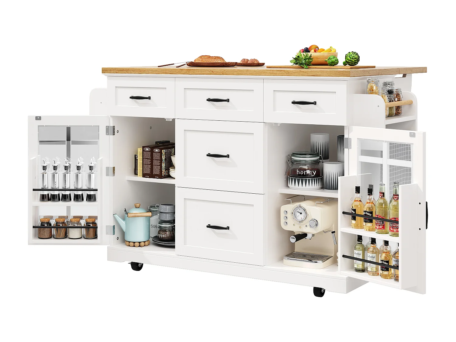 Îlot central mobile de cuisine - 140 x 40 (63.5) x 95 cm - avec étagères réglables + 2 portes + 5 tiroirs - MDF + métal - blanc