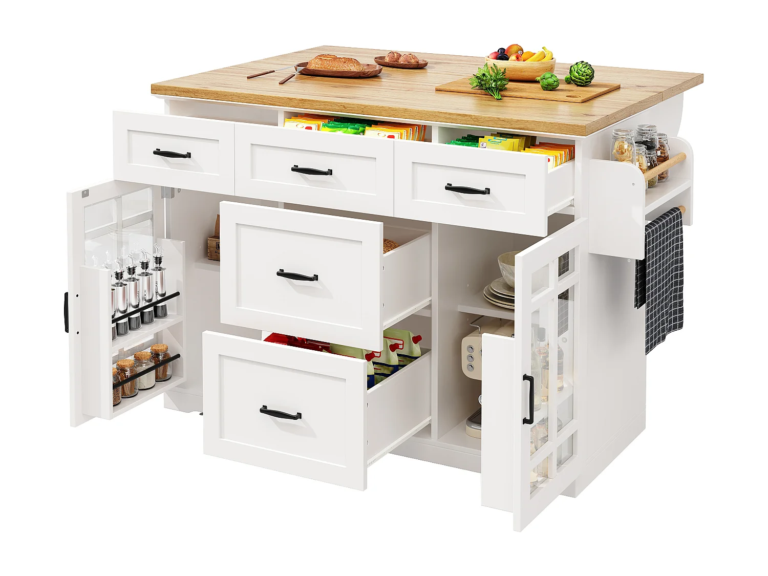Îlot central mobile de cuisine - 140 x 40 (63.5) x 95 cm - avec étagères réglables + 2 portes + 5 tiroirs - MDF + métal - blanc