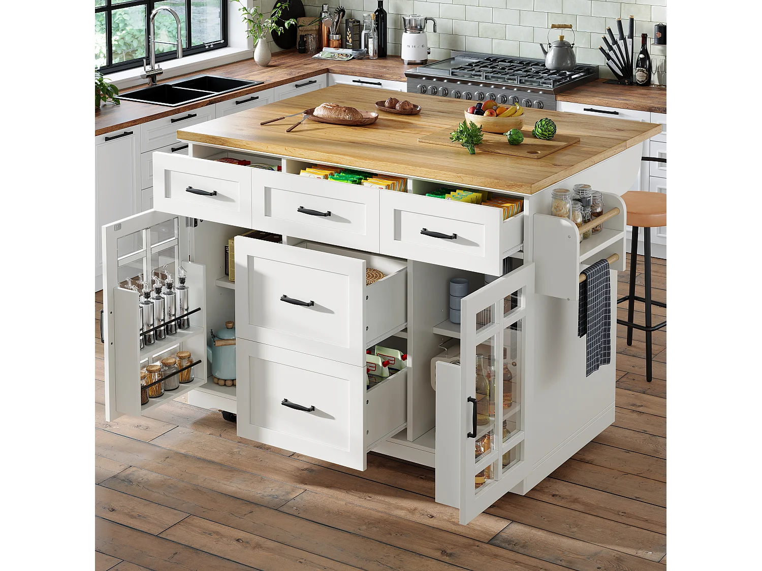 Mobile Kücheninsel – 140 x 40 (63,5) x 95 cm – mit verstellbaren Einlegeböden, 2 Türen und 5 Schubladen – MDF und Metall – weiß